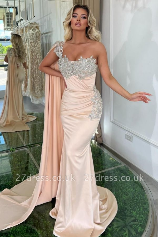 Charming One Shoulder Beadings Ruched Satin Mermaid Prom Dress with Cape