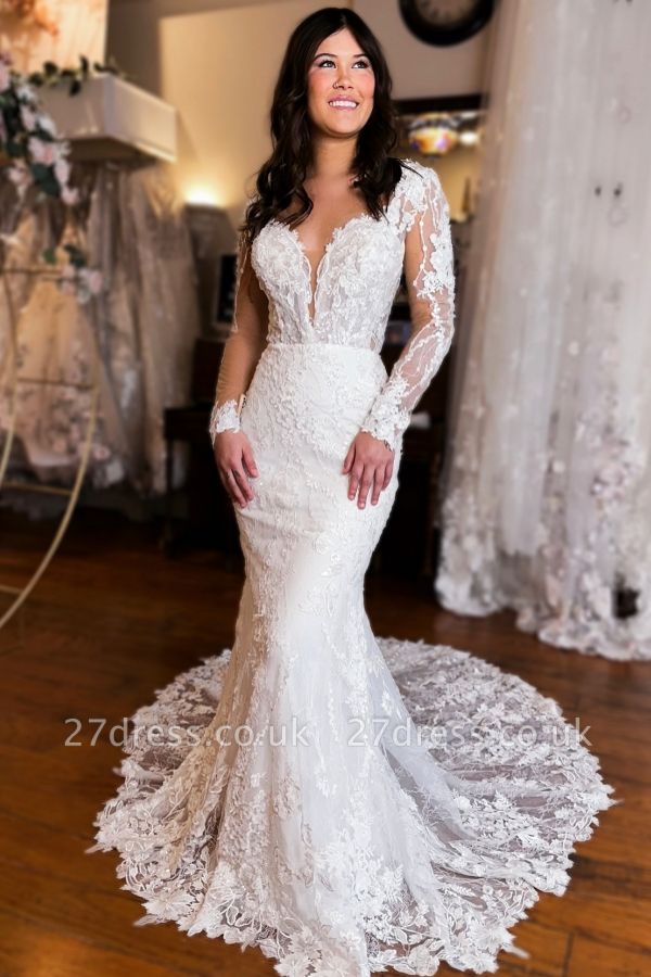 Gorgeous Tulle Lace Mermaid Bridal Dress Long Sleeves Long Wedding Dress with Appliques