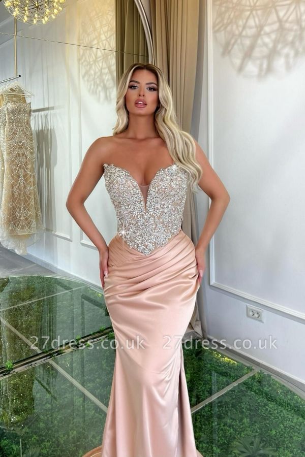 Glitter Sequins Mermaid Prom Dress Sleeveless Ruched Satin Evening Wear Dress