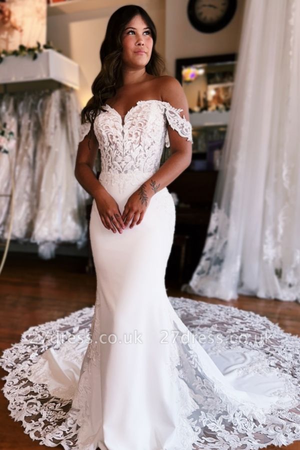 Off-the-Shoulder White Mermaid Wedding Dresses Tulle Lace Appliques Bridal Gown