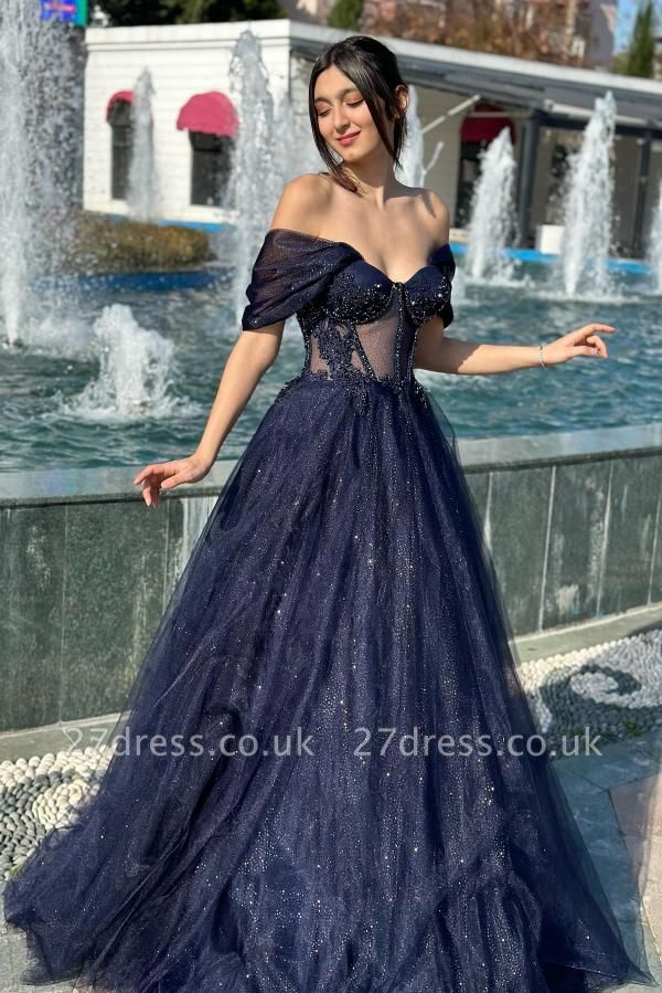 Off-the-Shoulder Glitter Aline Evening Dresses Sweetheart Floor Length Party Gown