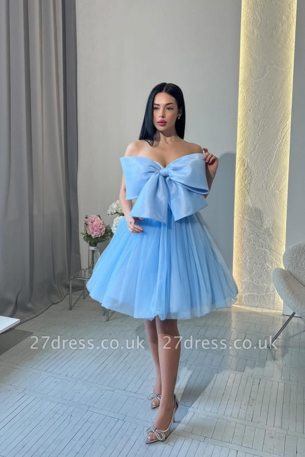 Strapless Satin Short Party Dress Big Bow-knot Knee Length Tulle Homecoming Dress