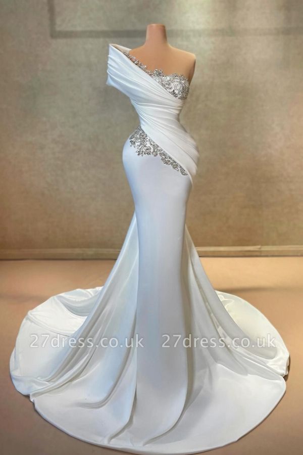 One Shoulder Ruched Satin Trumpet Evening Gown Glitter 3D Crystals Long Special Occasion Dress