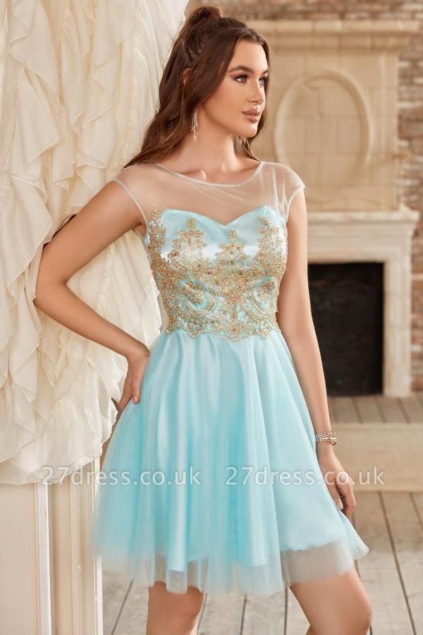 Elegant Cap Sleeves Aline Short Homecoming Dresses with Gold Appliques