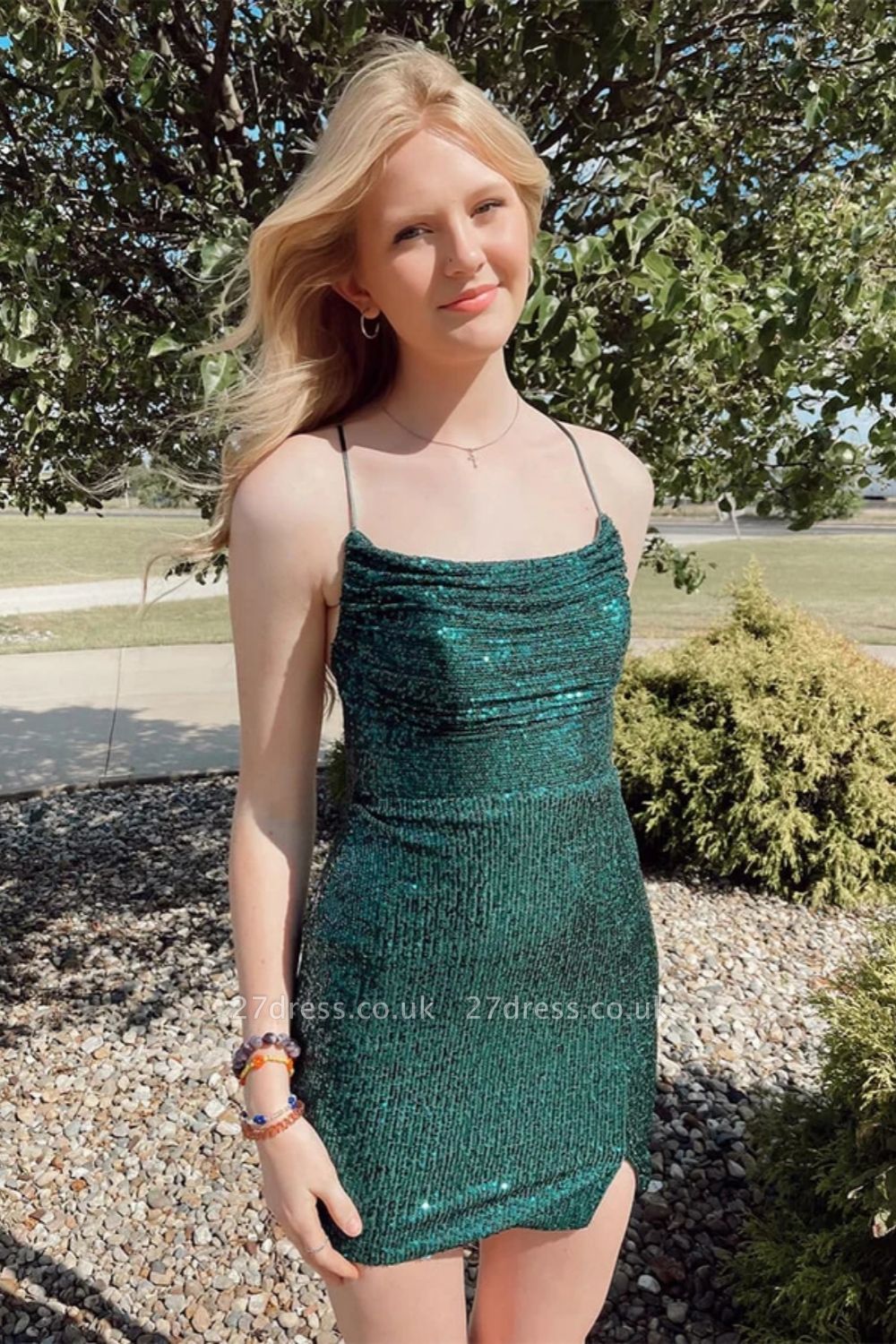 Dark Green Ruched Sequins Mini Homecoming Dress Spaghetti Straps Short Prom Dress