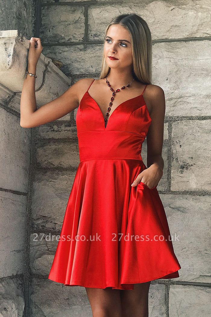 Simple Satin Short Homecoming Dress with Pockets Spaghetti Straps V neck Formal Dress