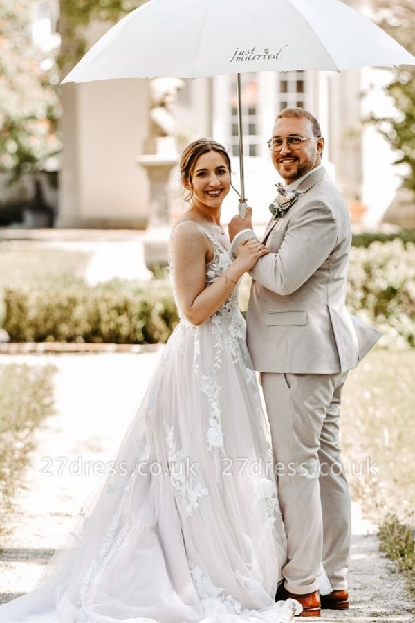 Stylish White Aline Wedding Dress Sleeveless Tulle Simple Bridal Dress with Lace Appliques