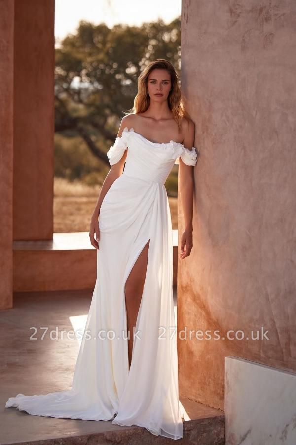 Elegant Off the Shoulder Ruffle Satin Front Slit Beach Wedding Dress