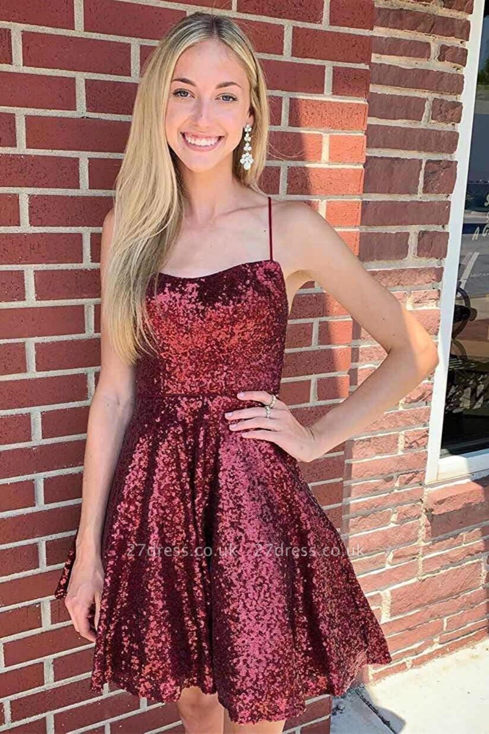 Sparkly Sequins Short Homecoming Dresses Spaghetti Straps Burgundy Party Dress