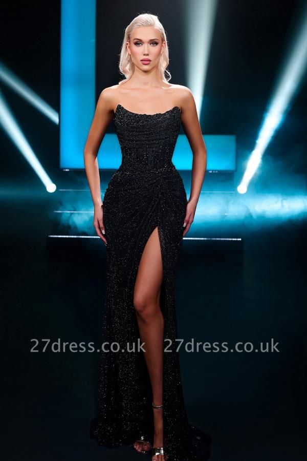 Strapless Glitter Black Sequins Ruffle Front Slit Evening Dresses