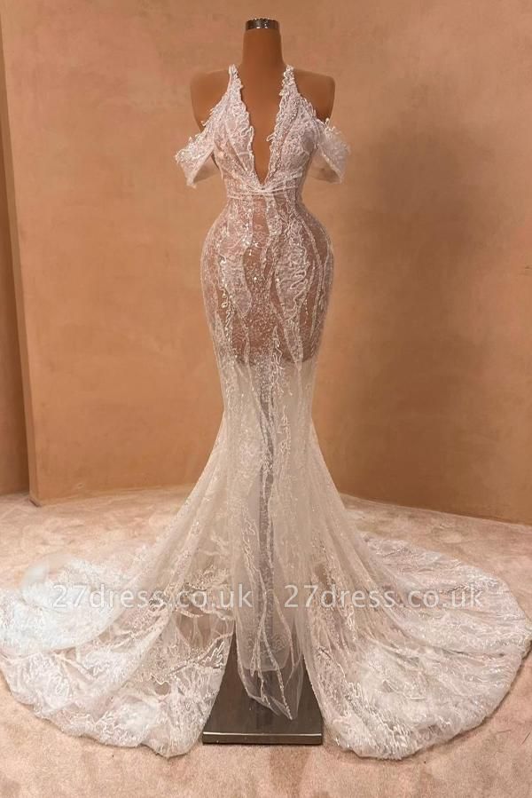 Halter Off-the-Shoulder Floral Lace Trumpet Wedding Dresses V-neck White Mermaid Bridal Gown