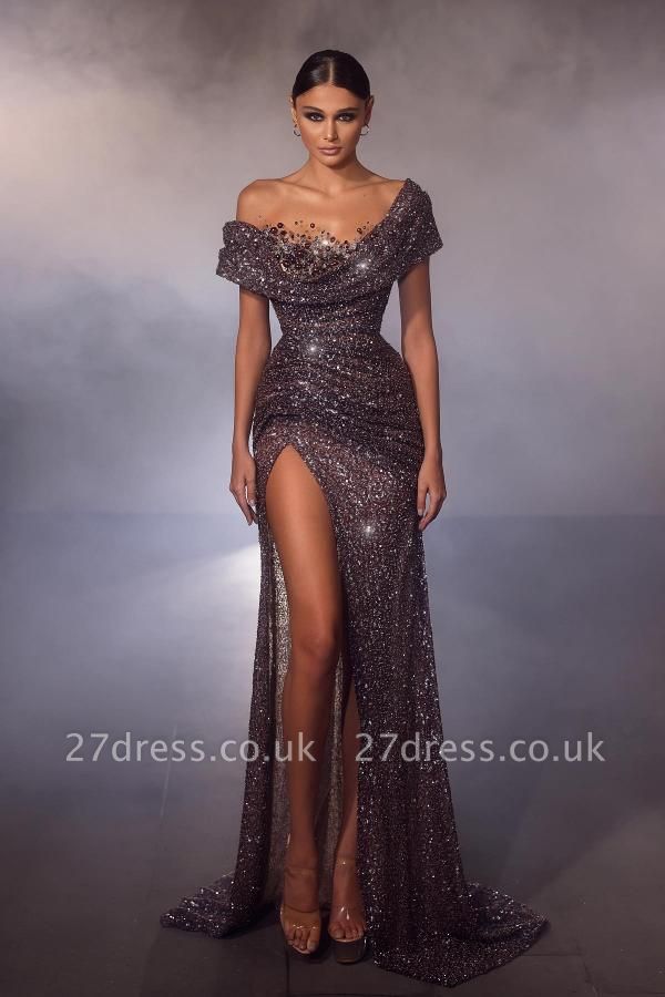 Sparkly Sequins Side Split Evening Dress Off-the-Shoulder Sheath Party Dress