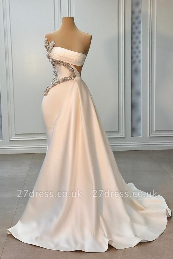 Strapless Ruched Satin Bodycon Prom Dress Glitter Crystals Floor Length Evening Gown with Sweep Train