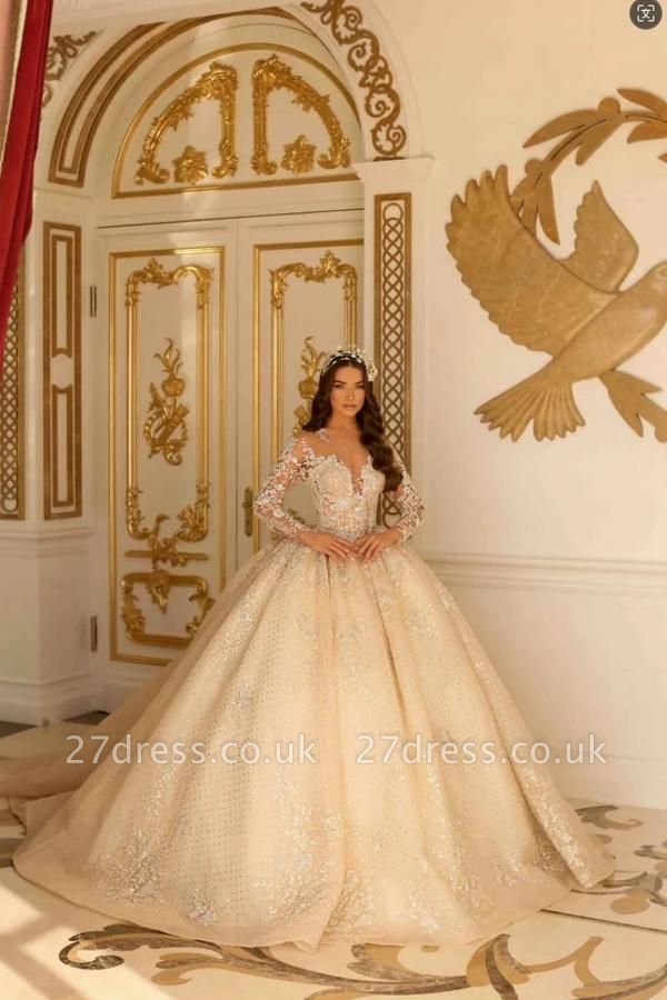 Gorgeous Floral Lace Aline Wedding Dresses with Long Sleeves Dubai Ball Gown