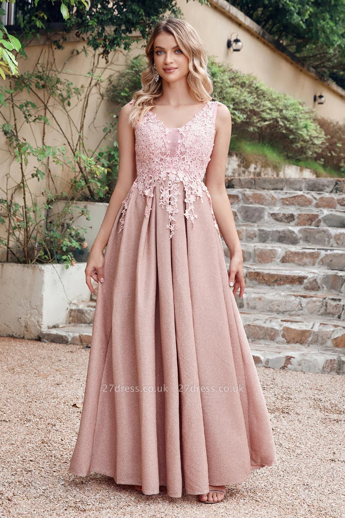 Beautiful  Aline Evening Dresses V-neck Floral Lace Bridesmaid Dress Sleeveless