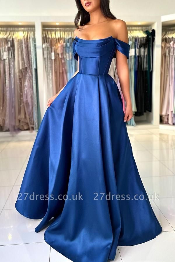 Off-the-Shoulder Royal Blue Floor Length Formal Dress Ruffle Satin Evening Dress