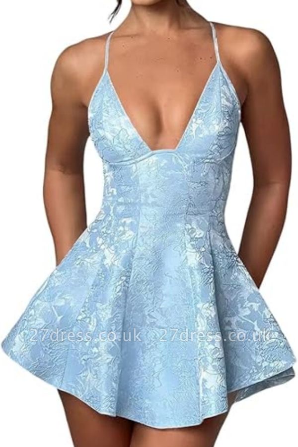 Chic Halter Cross Straps Knee Length Homecoming Dress Jacquard Satin Short Party Dress for Girls Women