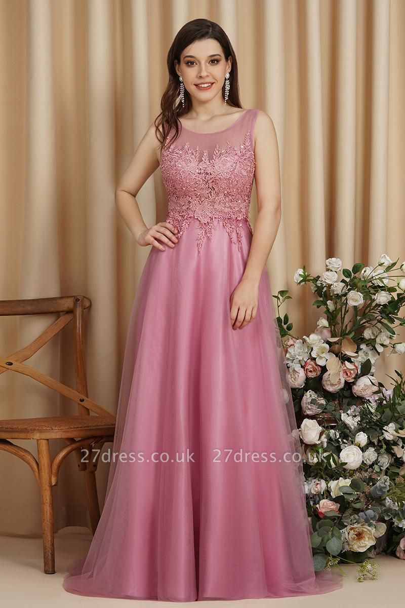 Stylish Scoop Neck Tulle Aline Evening Dress Floral Lace Long Bridesmaid Dresses Sleeveless