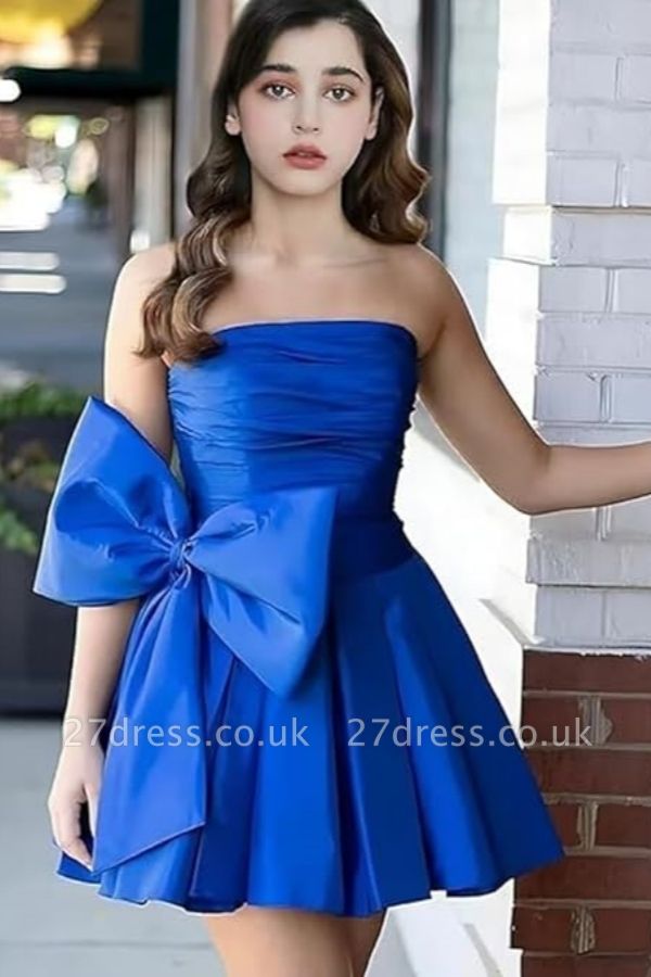 Simple Strapless Ruffle Satin Short Homecoming Dress with Bow