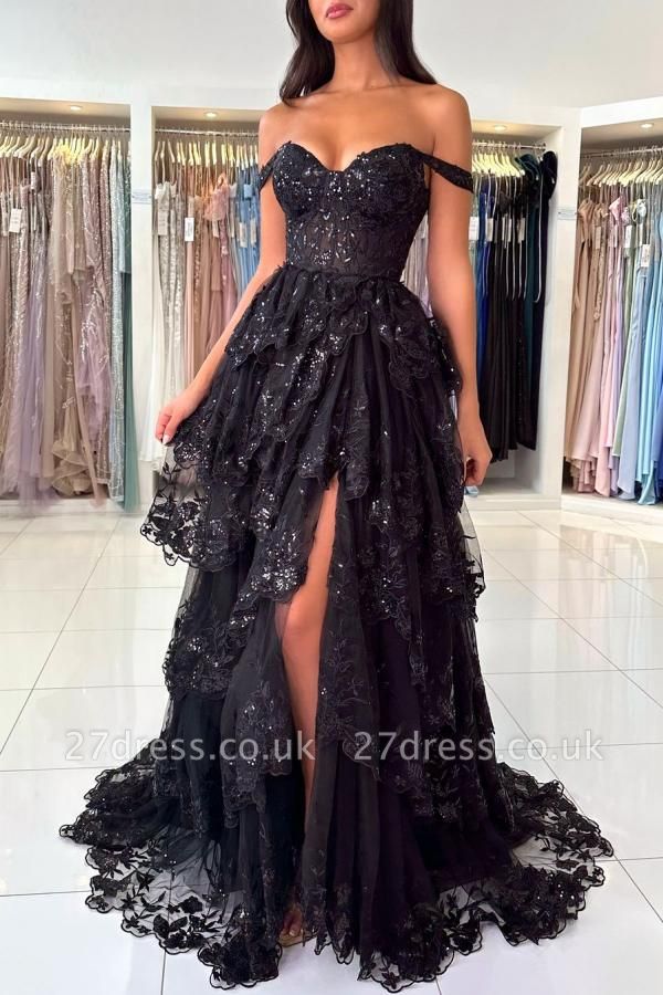 Off-the-Shoulder Glitter Front Split Evening Dress Sweetheart Puffy Floor Length Party Dress