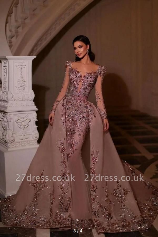 Gorgeous Long Sleeves Glitter Flower Mermaid Prom Dress with Detachable Sweep Train