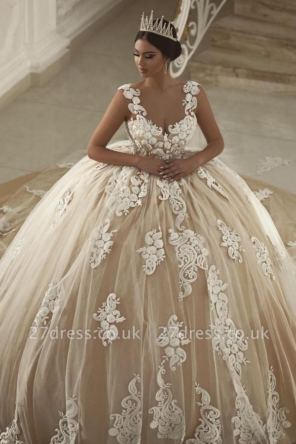 Square Neck Tulle Aline Ball Gown Sleeveless Wedding Dress Lace Appliques