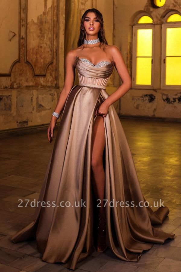 Stunning Sweetheart Ruched Satin Aline Evening Dress Front Split Party Wear Dress