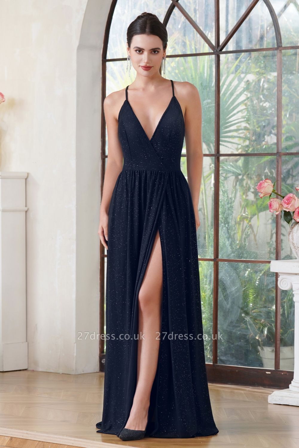 Sexy Navy Blue Side Split Formal Dress Glitter Sleeveless V-Neck Floor Length Party Dress