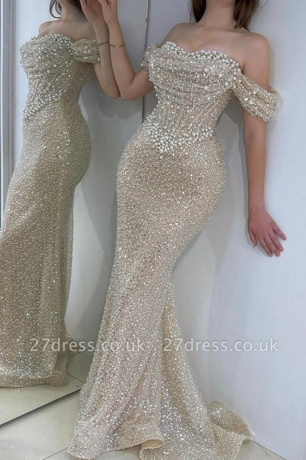 Off-the-Shoulder Sparkly Sequins Mermaid Prom Dresses Sweetheart Pearks Bodycon Party Wear Dress