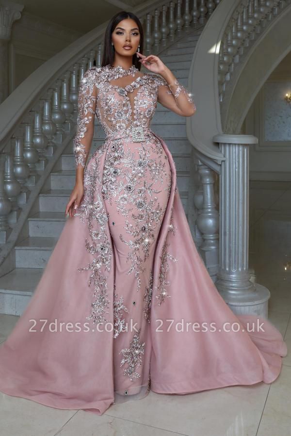 Luxury Floral Lace Mermaid Prom Dress with Detachable Train Long Sleeves Sheath Evening Gown