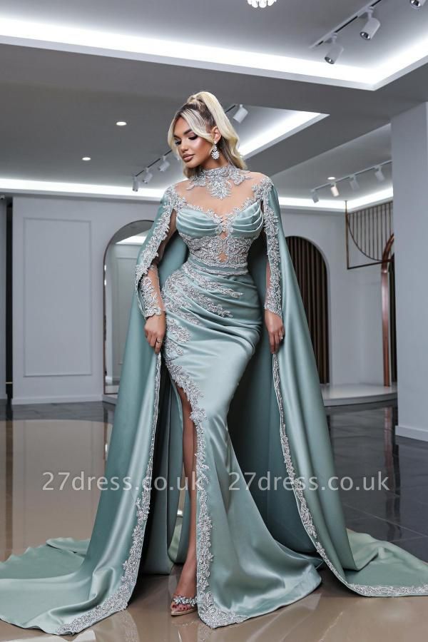 Gorgeous High Neck Satin Bodycon Prom Dress Silver Appliques with Sweep Train