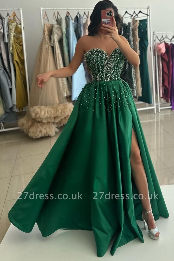 Charming Ssweetheart Sparkly Beadings Aline Evening Dress Front Split Green Satin Prom Dress