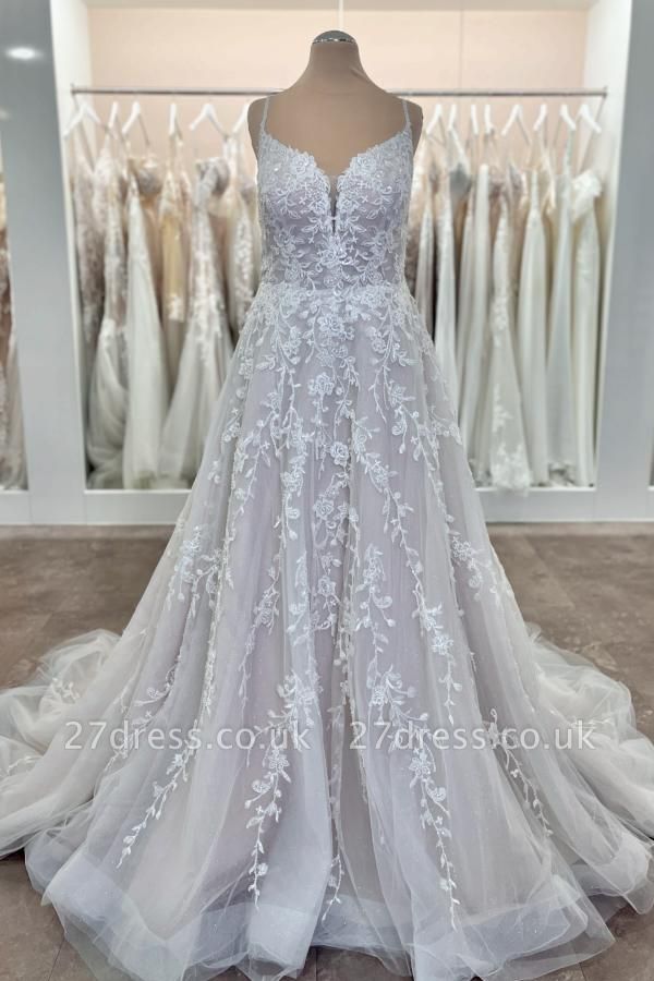 Spaghetti Straps Tulle Aline Wedding Dress Sleeveless Lace Appliques Ball Gown