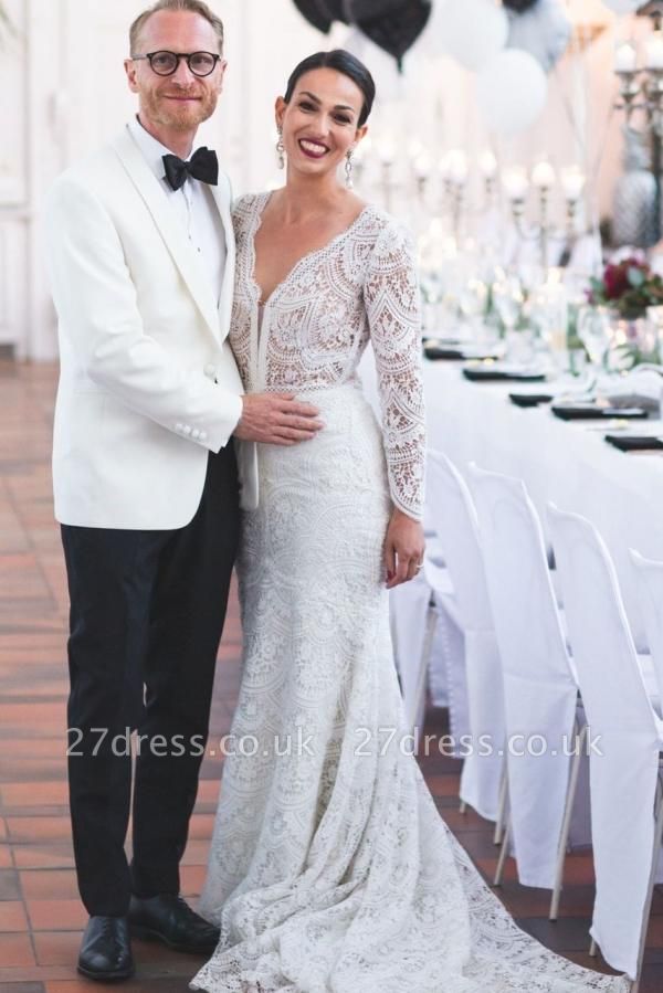 Boho V-Neck White Sheath Wedding Dress with Sleeves