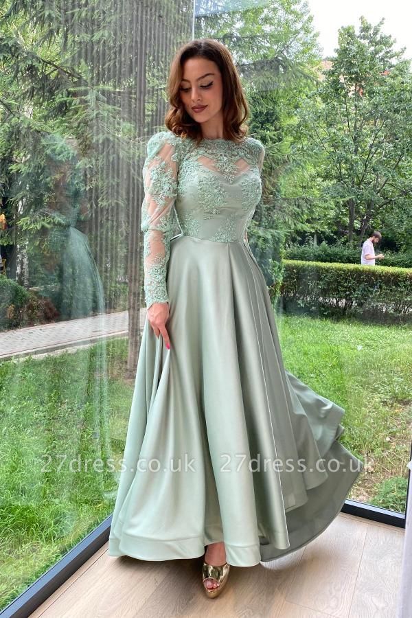 Elegant Mint Green Lace Long Sleeves Floor Length Formal Dress Satin Evening Dress