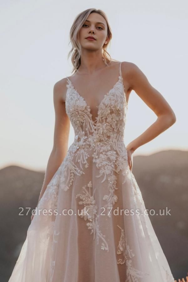 Chic Sleeveless V-neck Lace Appliques Aline Wedding Dresses Strapless Tulle Bridal Dress