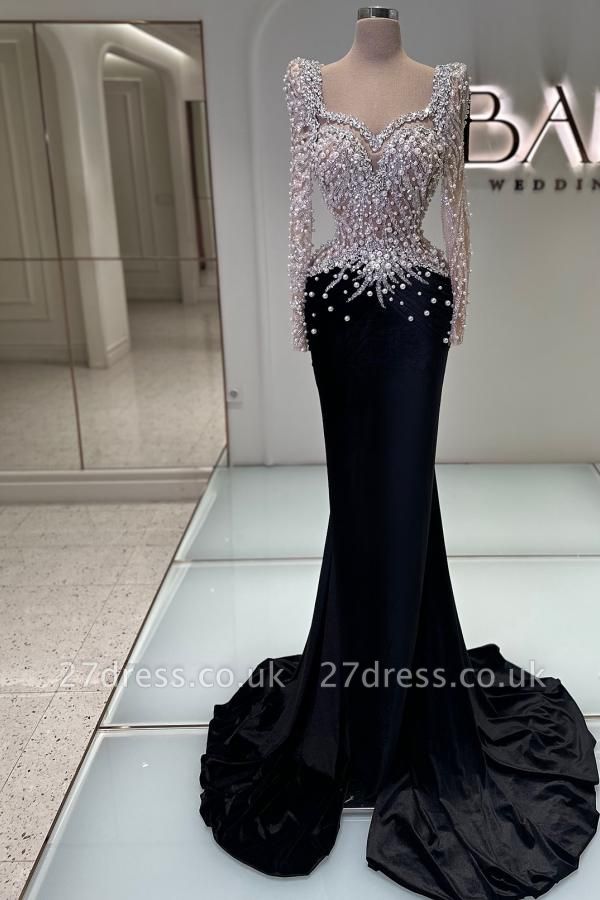 Charming Sequins Long Sleeves Mermaid Prom Dress Pearls Sweetheart Evening Gown