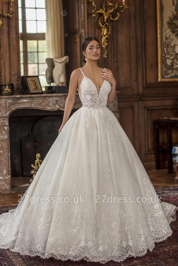 Stylish Spaghetti Straps Lace Aline Wedding Dress Appliques V-Neck Ball Gown