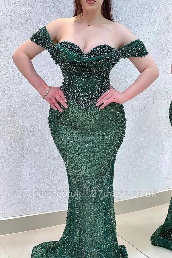 Gorgeous Green Empire Mermaid Long Prom Dress Sweetheart Off-Shoulder Crystal Evening Dress