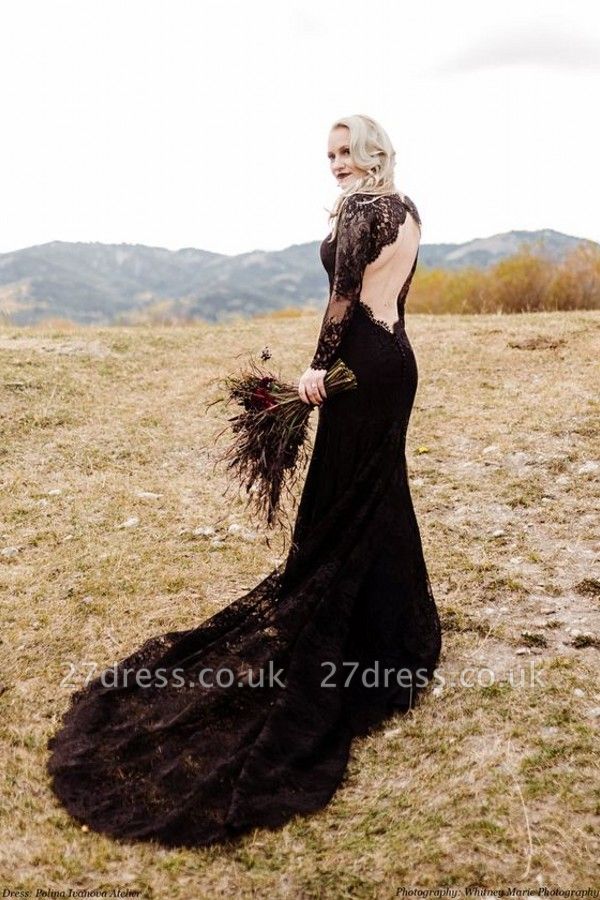 Long Sleeves Black Mermaid Wedding Gown Backless Lace Bridal Dresses