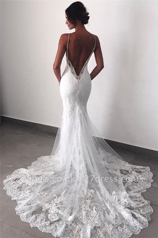 Backless Wedding Dresses UK Lace Sexy Mermaid | Spaghetti Straps Bride Dress