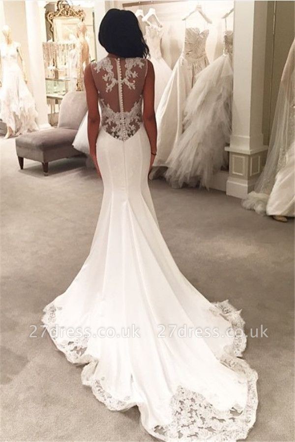 Sexy Mermaid Wedding Dresses UK Sheer Mesh Bridal Gowns with Lace Court Train BA3369 27dress