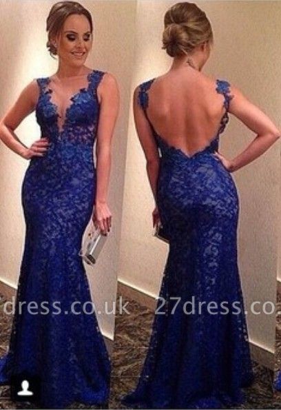 Elegant backless Royal Blue Evening Dress UKes UK V-neck Sleeveless Full Lace Prom gowns