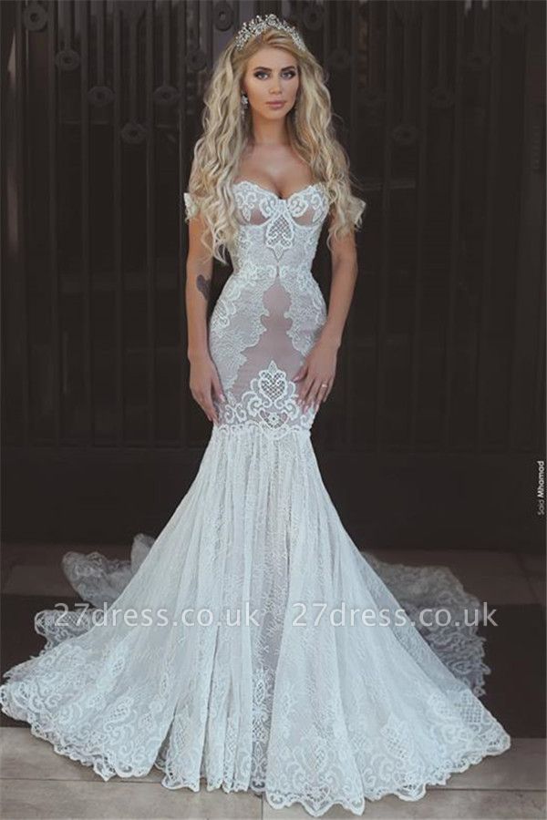 Sexy Mermaid Lace Off-the-Shoulder Wedding Dresses UK Open Back Bridal Gowns BA7275