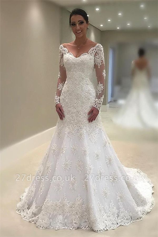 Elegant Tulle Long Sleeves Wedding Dresses UK | V-Neck Sexy Mermaid Appliques Bridal Gown