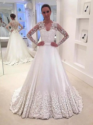 V-Neck Satin A-Line Sweep Train Long Sleeves Wedding Dresses UK_1