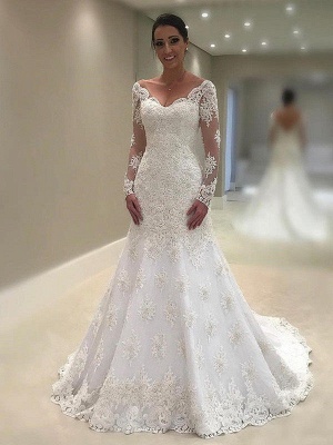 V-Neck Applique Lace Long Sleeves Sexy Mermaid Court Train Wedding Dresses UK_1