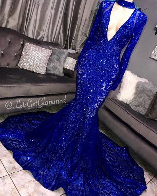 Amazing Elegant Mermaid Long Sleeves Seductive Deep Sexy V-Neck Lace Applique Prom Dress UKes UK UK_2