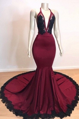 Wine Red Maroon V-neck Halter Lace Appliques Long Elegant Trumpt Evening Dress UKes UK_1