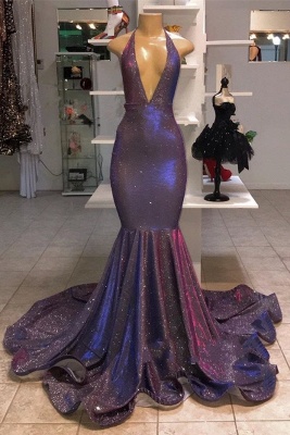 Elegant Alluring Deep V-neck Sleeveless Prom Dress UKes UK UK | Halter Memaiad Sequins Evening Dress UKes UK_1